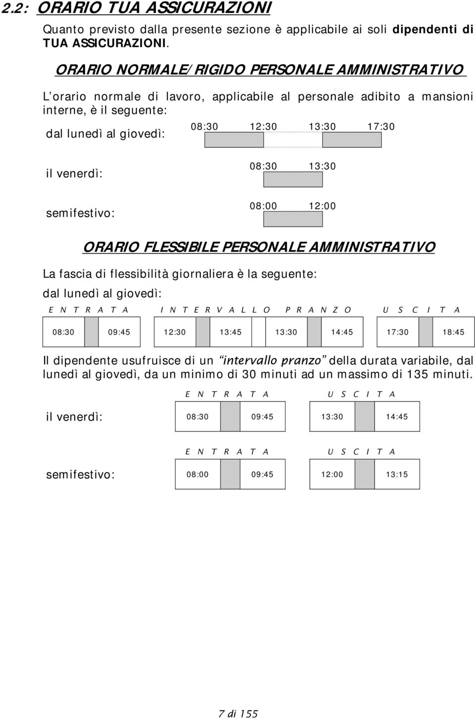 venerdì: 08:30 13:30 semifestivo: 08:00 12:00 ORARIO FLESSIBILE PERSONALE AMMINISTRATIVO La fascia di flessibilità giornaliera è la seguente: dal lunedì al giovedì: E N T R A T A I N T E R V A L L O