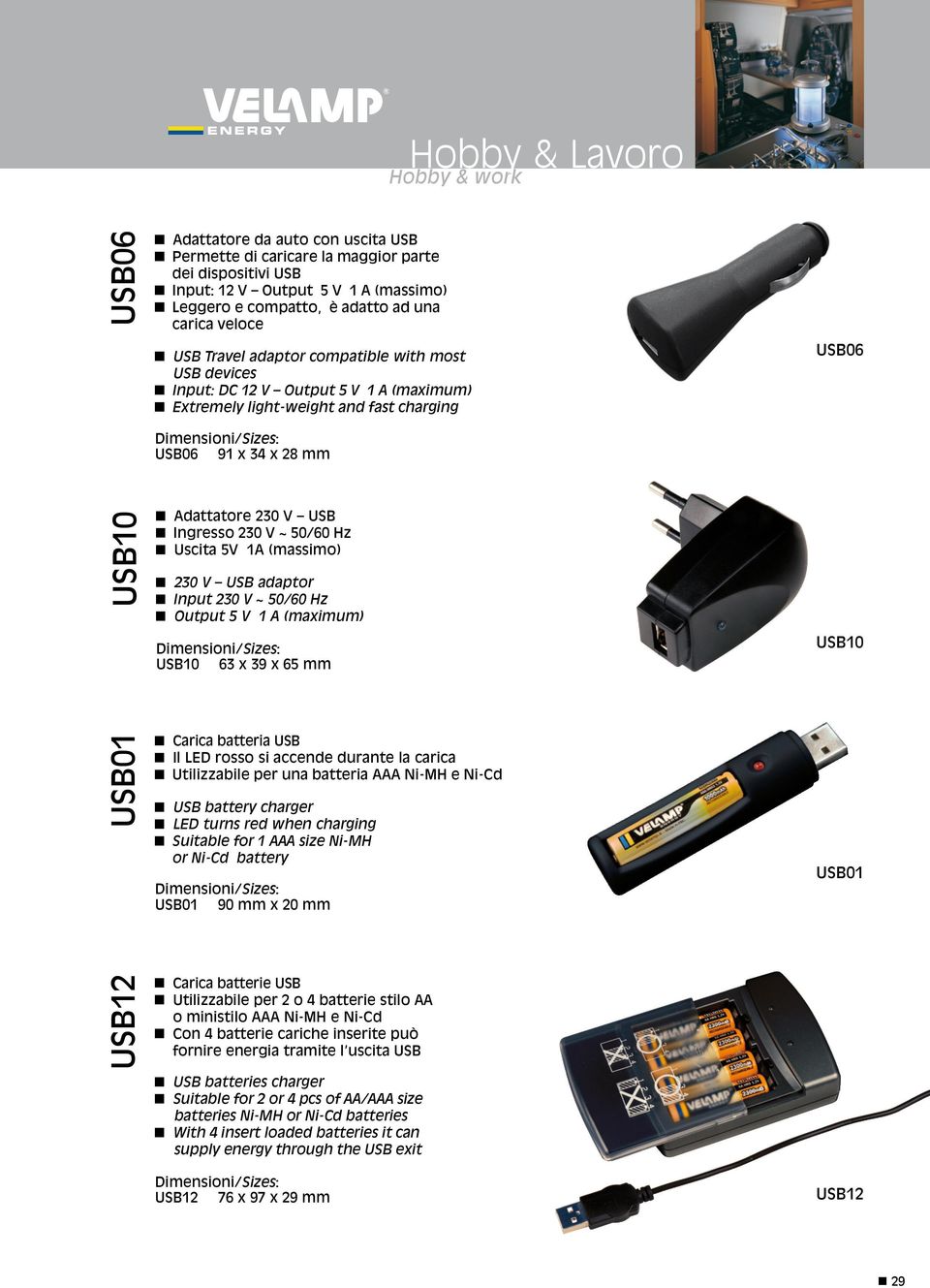 Ingresso 230 V ~ 50/60 Hz g Uscita 5V 1A (massimo) g 230 V USB adaptor g Input 230 V ~ 50/60 Hz g Output 5 V 1 A (maximum) USB10 63 x 39 x 65 mm USB10 USB01 g Carica batteria USB g Il LED rosso si