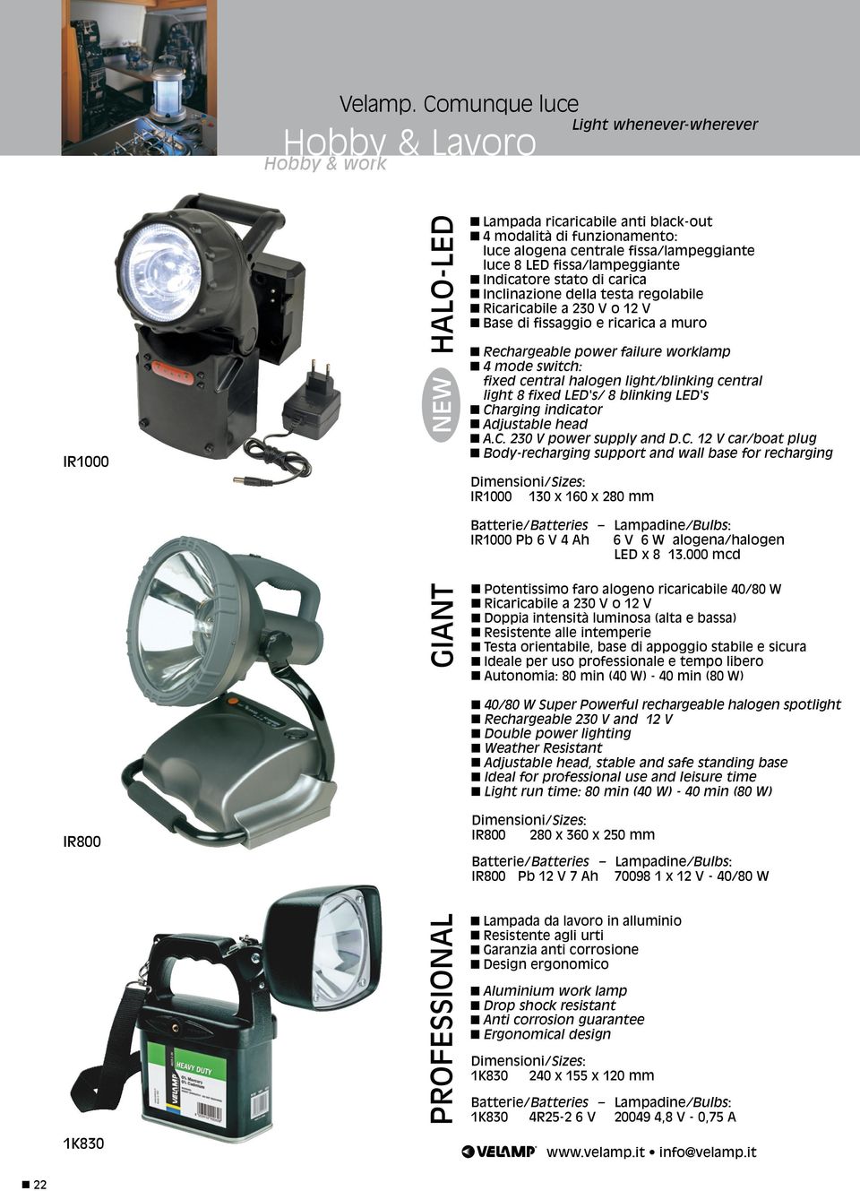 Indicatore stato di carica g Inclinazione della testa regolabile g Ricaricabile a 230 V o 12 V g Base di fissaggio e ricarica a muro g Rechargeable power failure worklamp g 4 mode switch: fixed