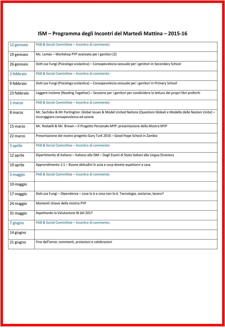 ssa Fungi (Psicologa scolastica) Consapevolezza sessuale per i genitori in Primary School 23 febbraio Leggere insieme (Reading Together) Sessione per i genitori per condividere la lettura dei propri