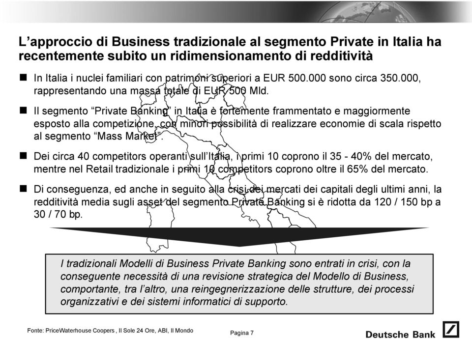 Il segmento Private Banking in Italia è fortemente frammentato e maggiormente esposto alla competizione, con minori possibilità di realizzare economie di scala rispetto al segmento Mass Market.