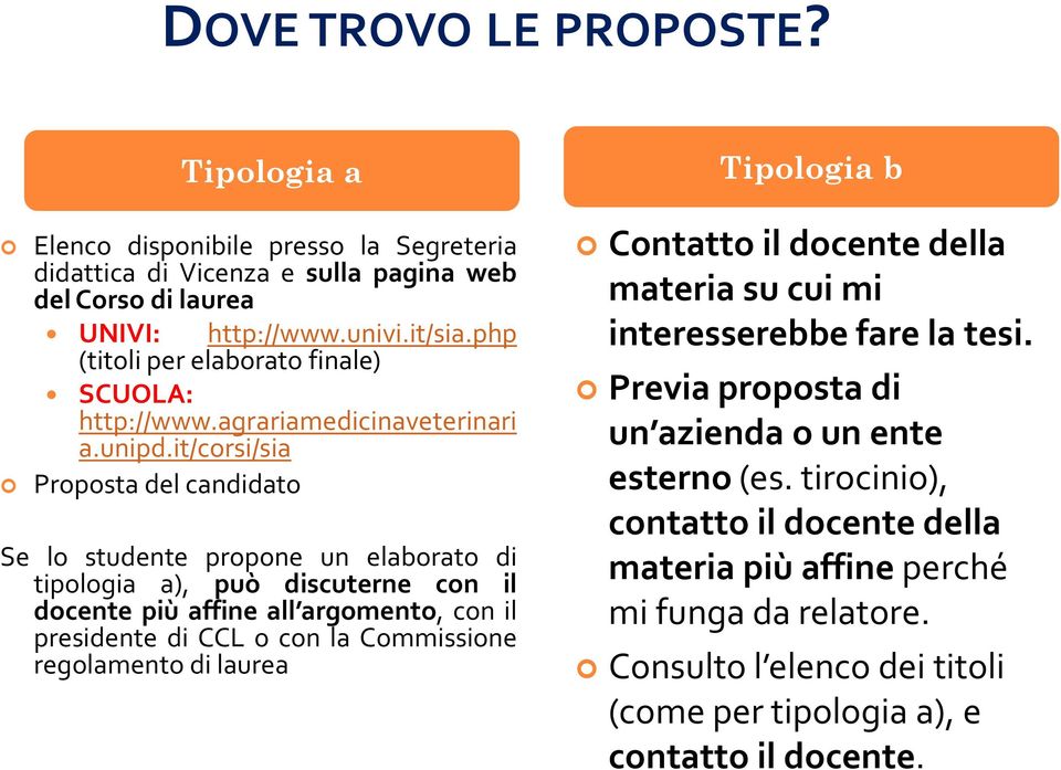 it/corsi/sia Proposta del candidato Se lo studente propone un elaborato di tipologia a), può discuterne con il docente più affine all argomento, con il presidente di CCL o con la Commissione