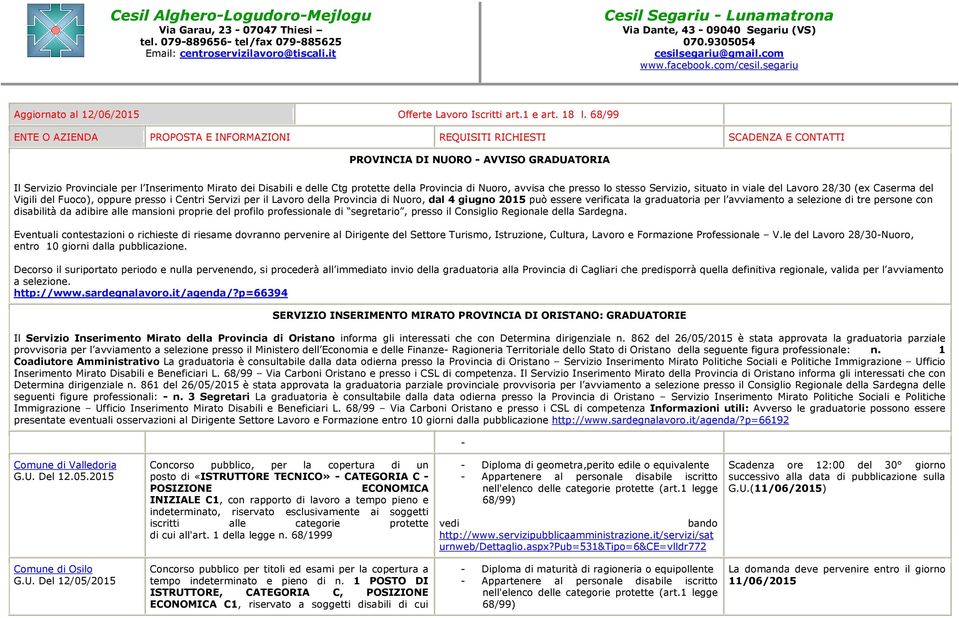 avviamento a selezione di tre persone con disabilità da adibire alle mansioni proprie del profilo professionale di segretario, presso il Consiglio Regionale della Sardegna.