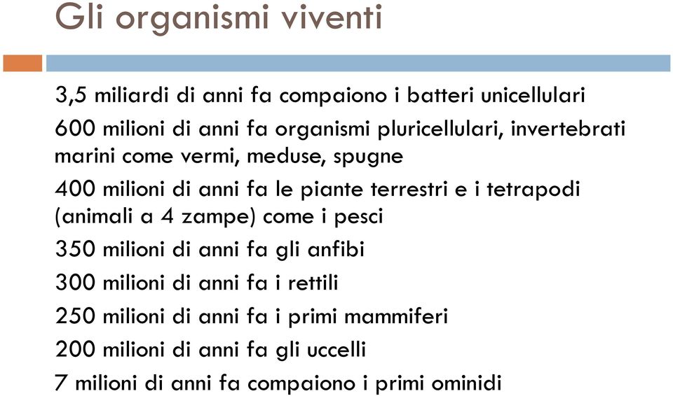 tetrapodi (animali a 4 zampe) come i pesci 350 milioni di anni fa gli anfibi 300 milioni di anni fa i rettili 250