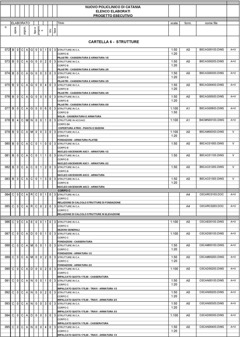 DWG A+V 1:20 PILASTRI - CASSERATURA E ARMATURA 2/5 074 B 0 C A G 0 0 3 0 3 STRUTTURE IN C.A. 1:50 A0 B0CAG00303.