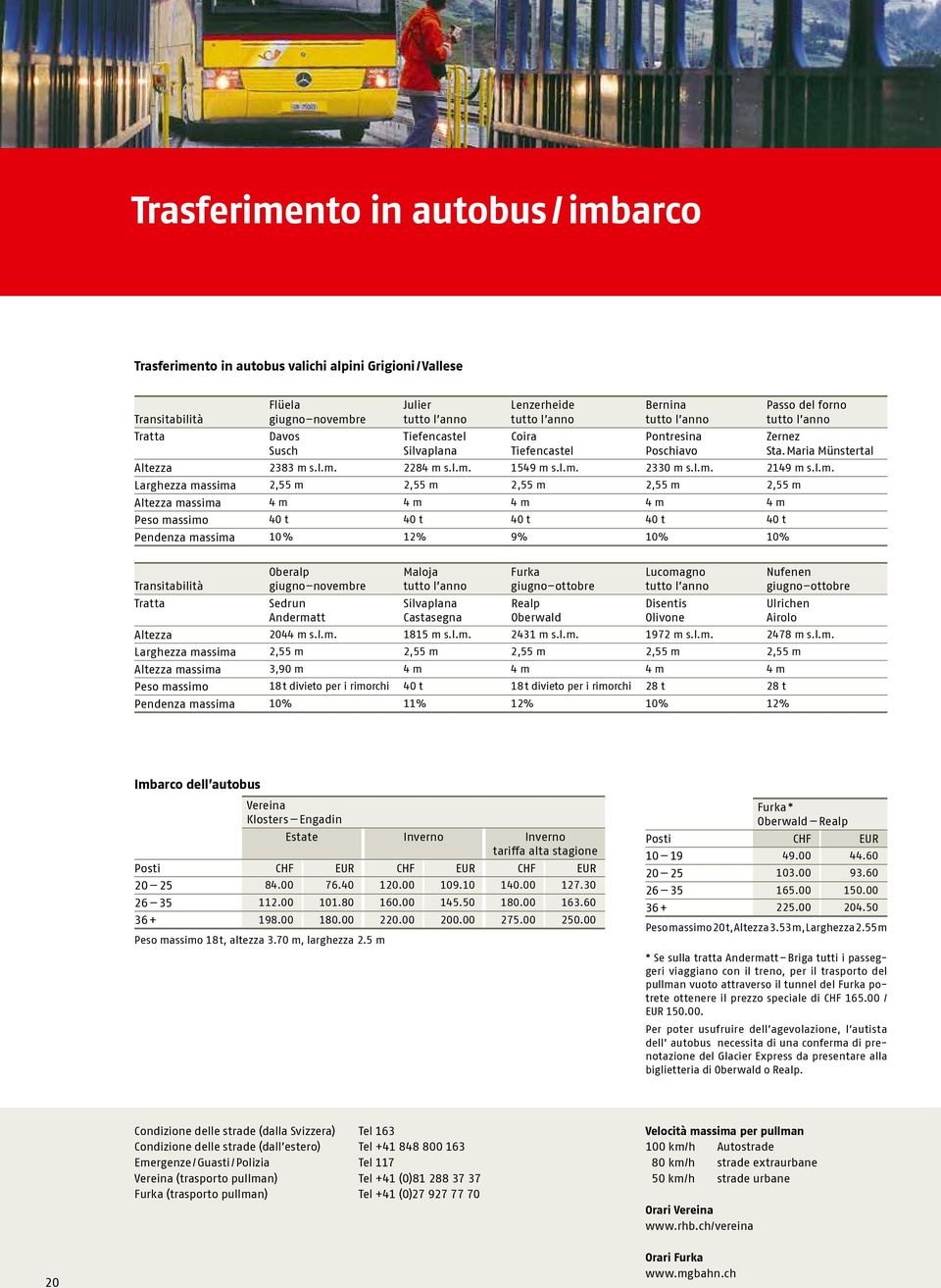 l.m. 2149 m s.l.m. Larghezza massima 2,55 m 2,55 m 2,55 m 2,55 m 2,55 m Altezza massima 4 m 4 m 4 m 4 m 4 m Peso massimo 40 t 40 t 40 t 40 t 40 t Pendenza massima 10 % 12% 9% 10% 10% Transitabilità