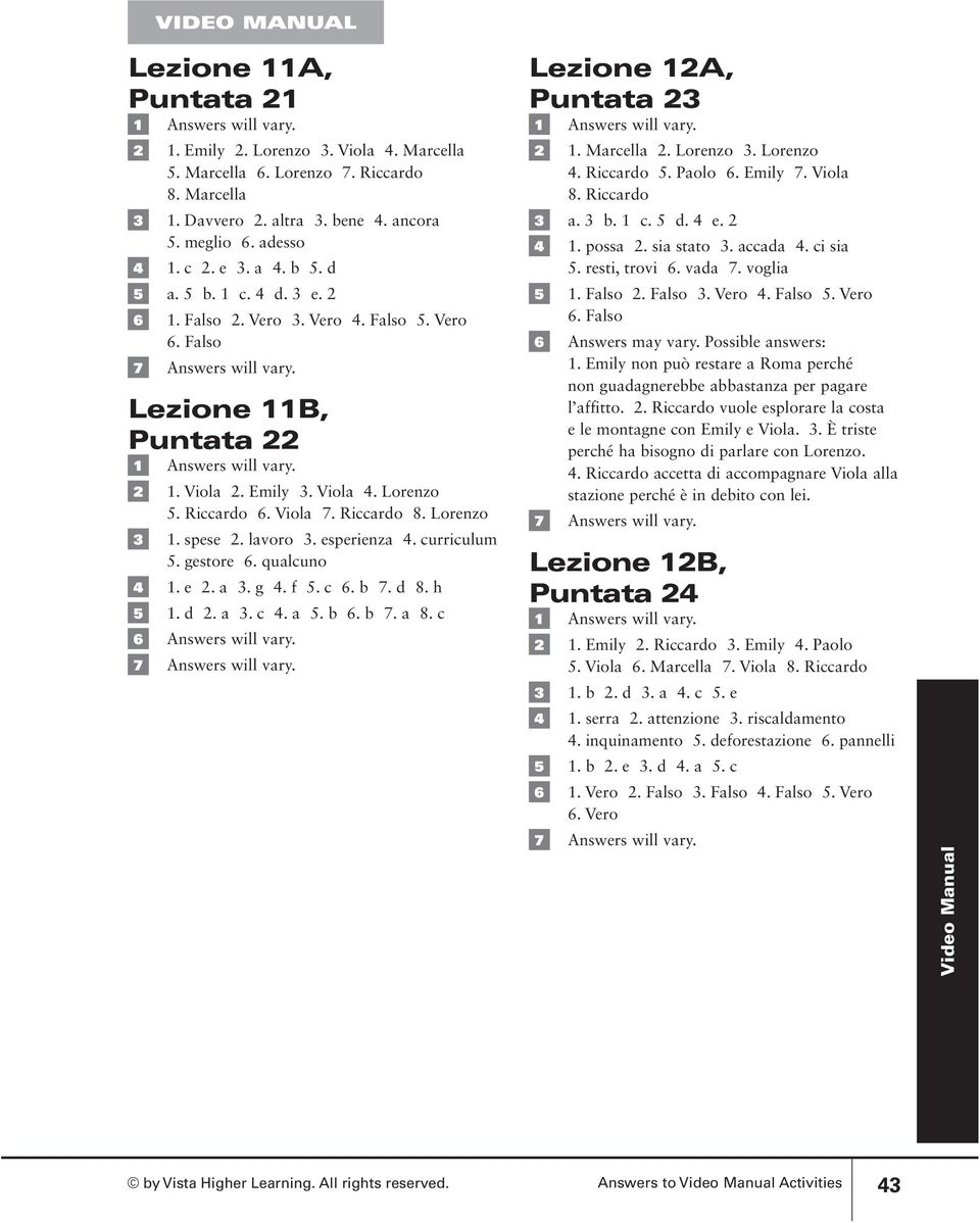 lavoro 3. esperienza 4. curriculum 5. gestore 6. qualcuno 4 1. e 2. a 3. g 4. f 5. c 6. b 7. d 8. h 5 1. d 2. a 3. c 4. a 5. b 6. b 7. a 8. c Lezione 12A, Puntata 23 2 1. Marcella 2. Lorenzo 3.