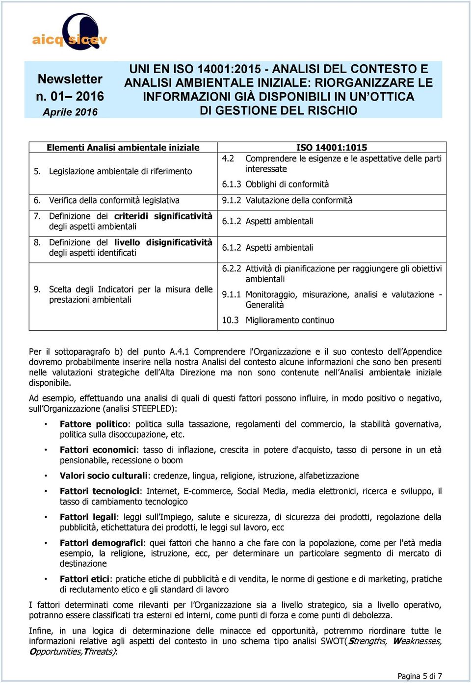 Definizine del livell disignificatività degli aspetti identificati 9. Scelta degli Indicatri per la misura delle prestazini ambientali 6.2.