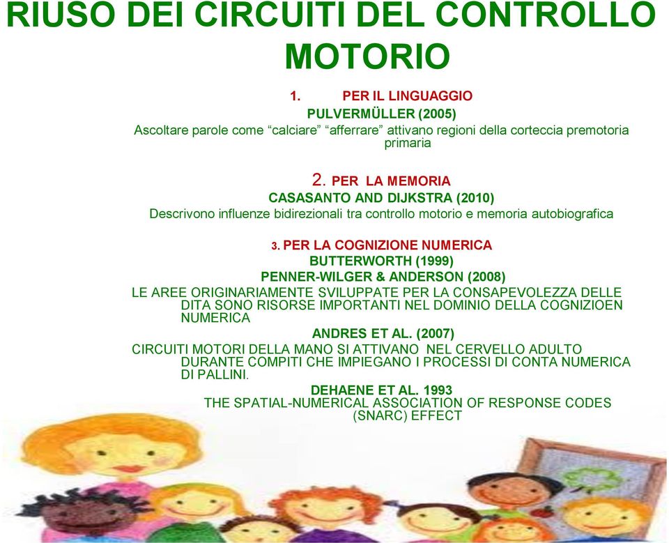 PER LA COGNIZIONE NUMERICA BUTTERWORTH (1999) PENNER-WILGER & ANDERSON (2008) LE AREE ORIGINARIAMENTE SVILUPPATE PER LA CONSAPEVOLEZZA DELLE DITA SONO RISORSE IMPORTANTI NEL DOMINIO DELLA