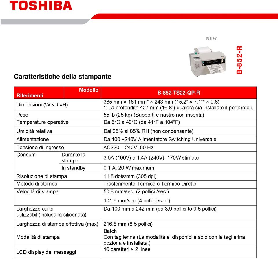 6) *: La profondità 427 mm (16.8 ) qualora sia installato il portarotoli. 55 lb (25 kg) (Supporti e nastro non inseriti.