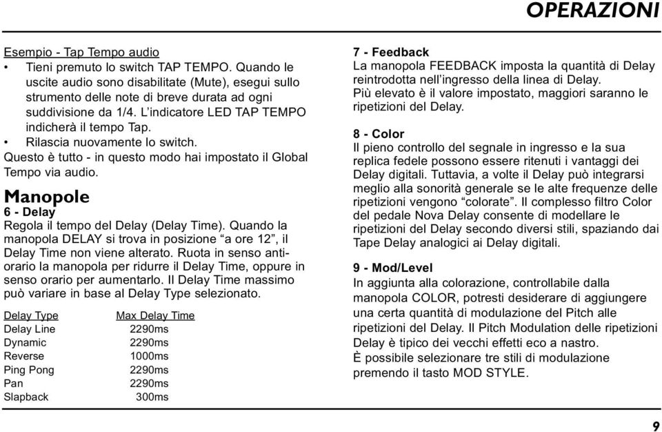 Manopole 6 - Delay Regola il tempo del Delay (Delay Time). Quando la manopola DELAY si trova in posizione a ore 12, il Delay Time non viene alterato.