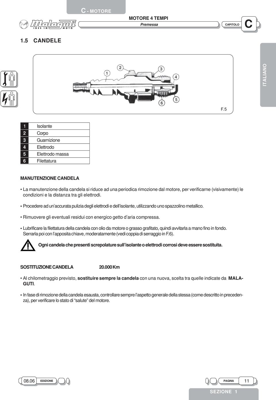 (visivamente) le condizioni e la distanza tra gli elettrodi. Procedere ad un accurata pulizia degli elettrodi e dell isolante, utilizzando uno spazzolino metallico.