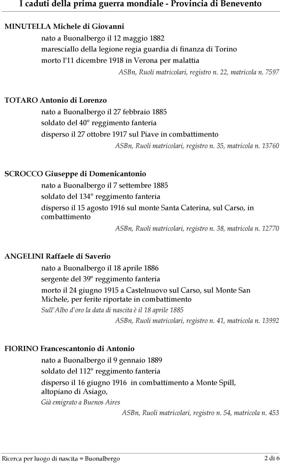 7597 TOTARO Antonio di Lorenzo nato a Buonalbergo il 27 febbraio 1885 soldato del 40 reggimento fanteria disperso il 27 ottobre 1917 sul Piave in ASBn, Ruoli matricolari, registro n. 35, matricola n.