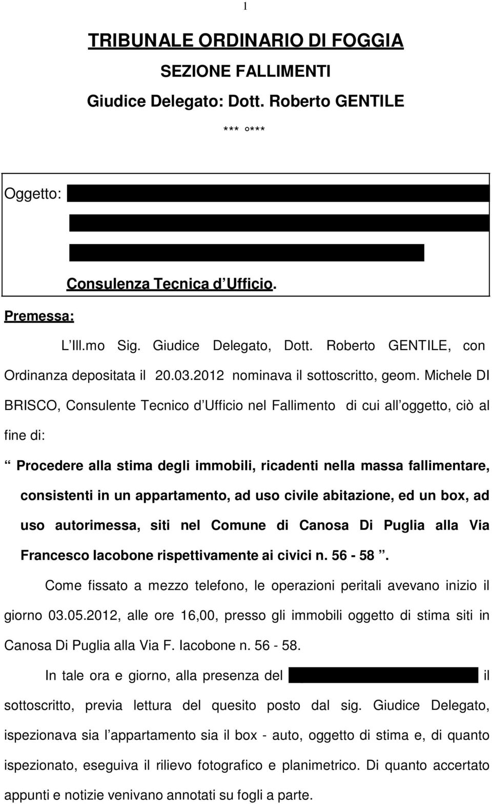 Michele DI BRISCO, Consulente Tecnico d Ufficio nel Fallimento di cui all oggetto, ciò al fine di: Procedere alla stima degli immobili, ricadenti nella massa fallimentare, consistenti in un