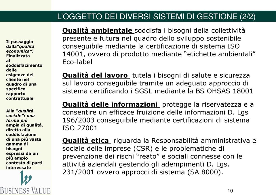 mediante etichette ambientali Eco-label Qualità del lavoro tutela i bisogni di salute e sicurezza sul lavoro conseguibile tramite un adeguato approccio di sistema certificando i SGSL mediante la BS