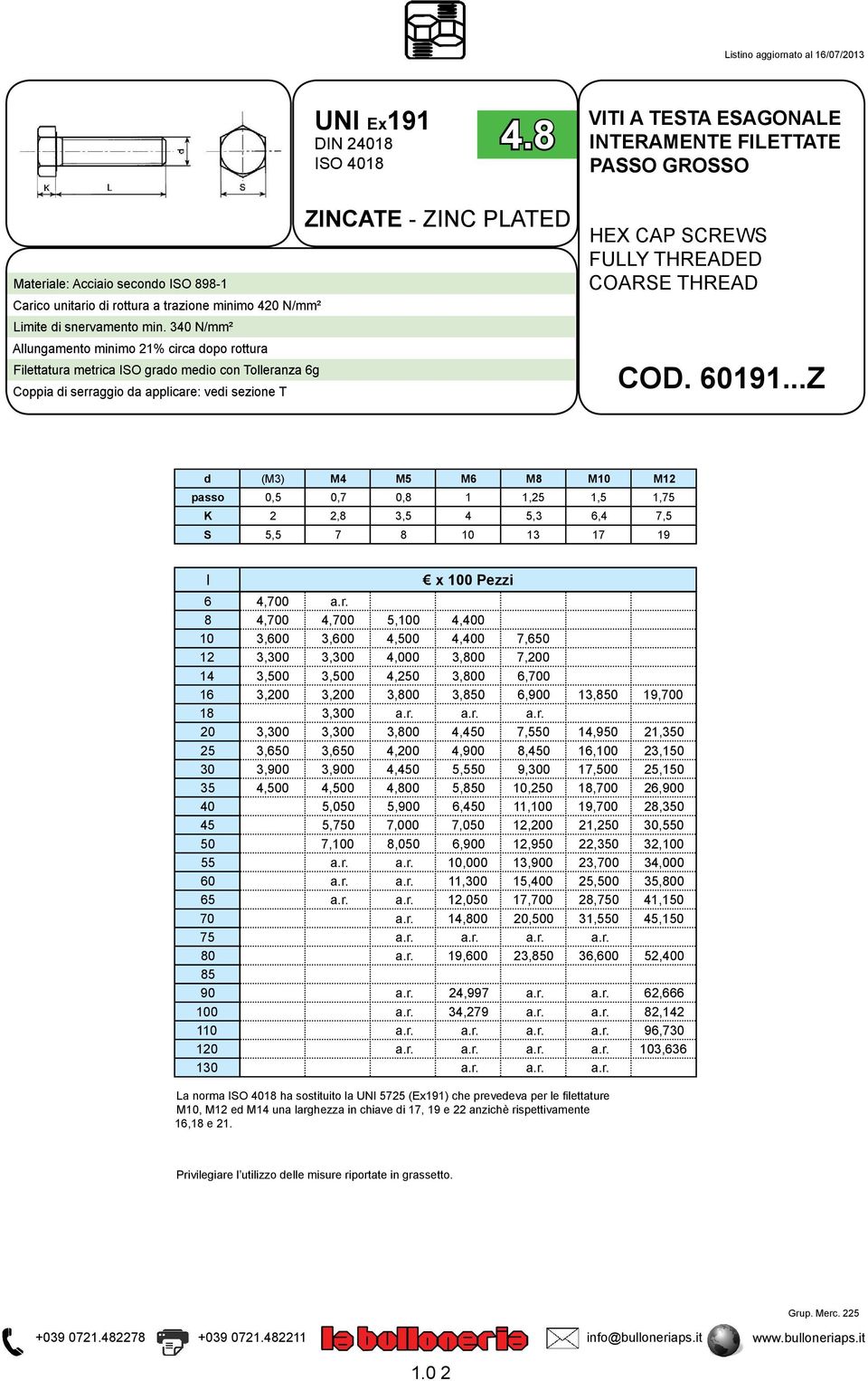 3 N/mm² Aungamento minimo 21% circa dopo rottura Fiettatura metrica ISO grado medio con Toeranza 6g Coppia di serraggio da appicare: vedi sezione T ZINCATE - ZINC PLATED FULLY THREADED COARSE THREAD