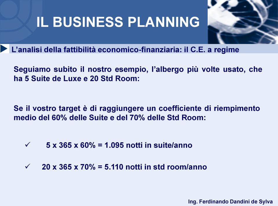 di riempimento medio del 60% delle Suite e del 70% delle Std Room: 5 x 365 x