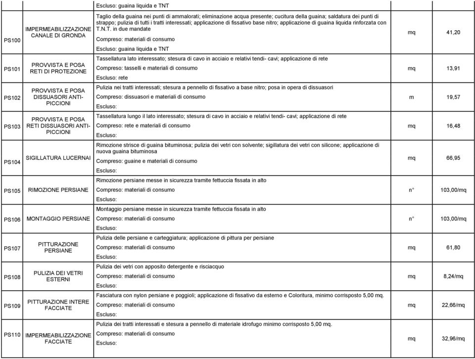 N.T. in due mandate guaina liquida e TNT mq 41,20 PS101 PROVVISTA E POSA RETI DI PROTEZIONE Tassellatura lato interessato; stesura di cavo in acciaio e relativi tendi- cavi; applicazione di rete