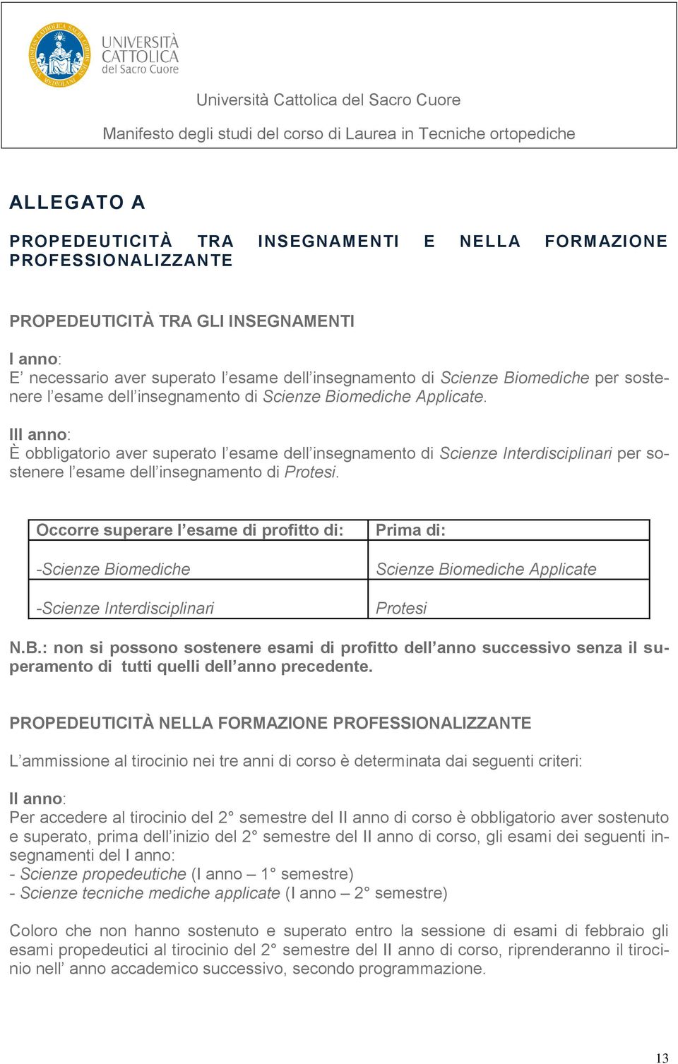 III anno: È obbligatorio aver superato l esame dell insegnamento di Scienze Interdisciplinari per sostenere l esame dell insegnamento di Protesi.