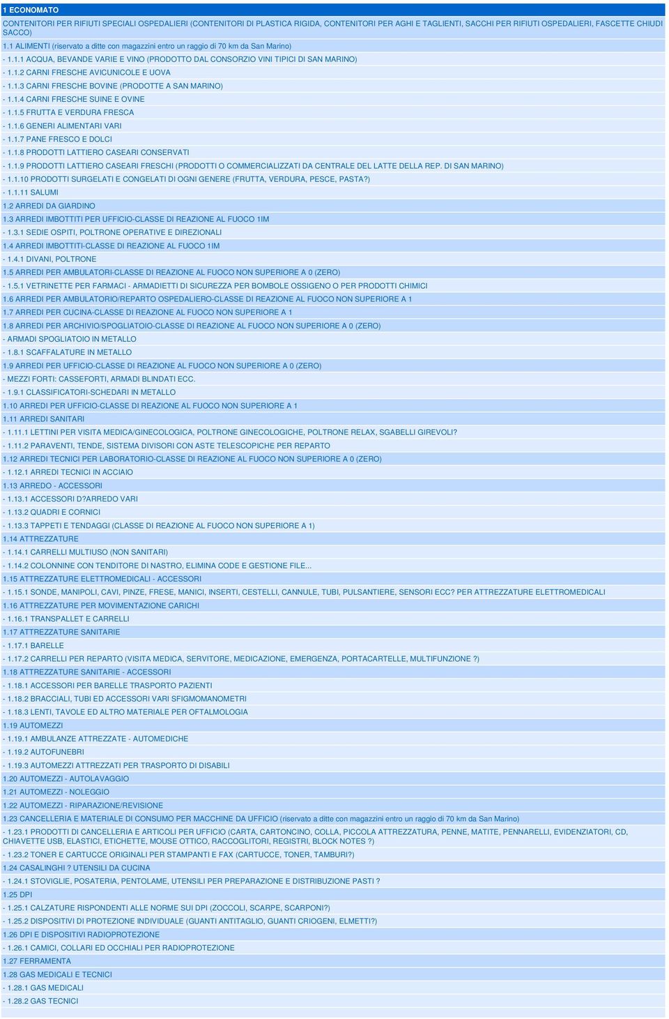 1.3 CARNI FRESCHE BOVINE (PRODOTTE A SAN MARINO) - 1.1.4 CARNI FRESCHE SUINE E OVINE - 1.1.5 FRUTTA E VERDURA FRESCA - 1.1.6 GENERI ALIMENTARI VARI - 1.1.7 PANE FRESCO E DOLCI - 1.1.8 PRODOTTI LATTIERO CASEARI CONSERVATI - 1.