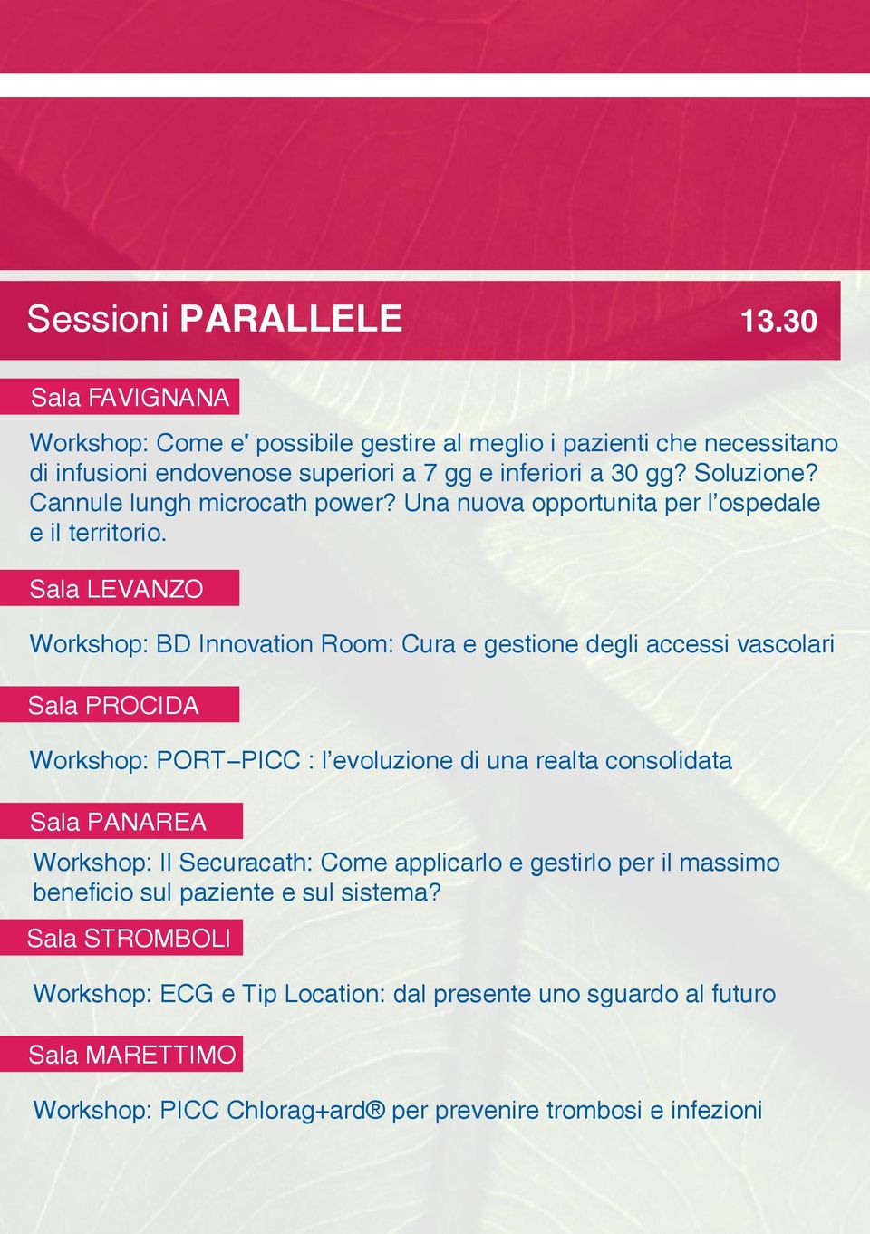 Sala LEVANZO Workshop: BD Innovation Room: Cura e gestione degli accessi vascolari Sala PROCIDA Workshop: PORT-PICC : l evoluzione di una realtà consolidata Sala PANAREA