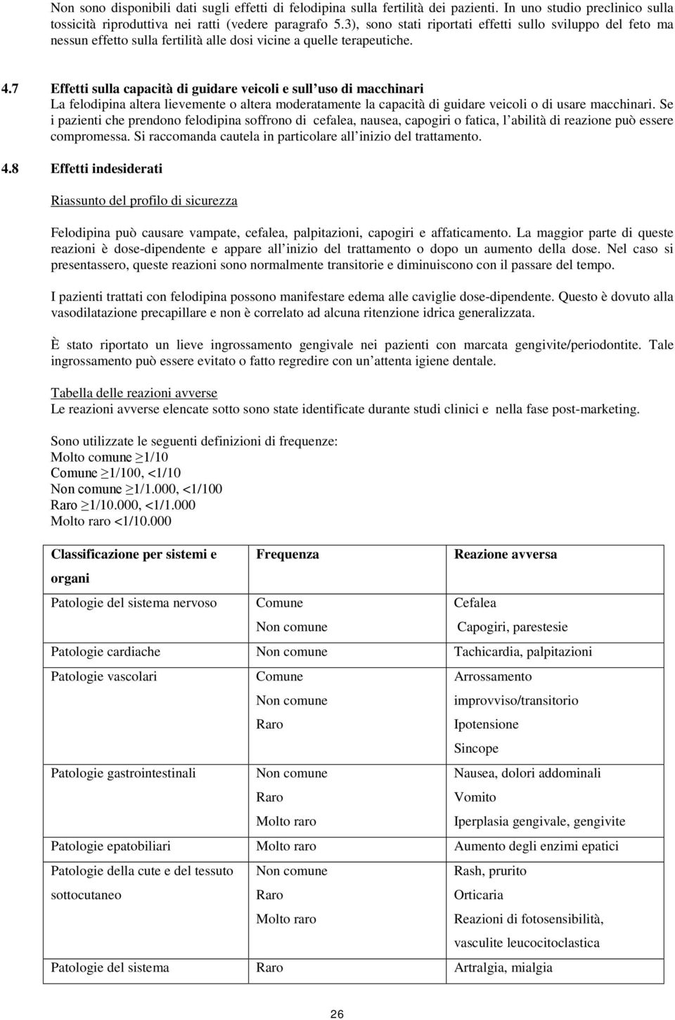 7 Effetti sulla capacità di guidare veicoli e sull uso di macchinari La felodipina altera lievemente o altera moderatamente la capacità di guidare veicoli o di usare macchinari.