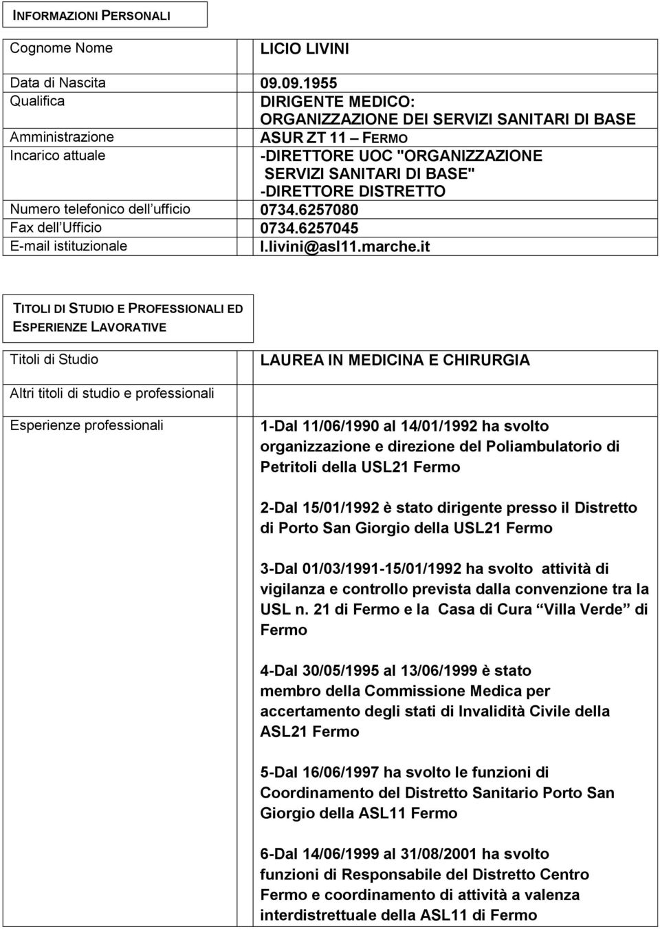 DISTRETTO Numero telefonico dell ufficio 0734.6257080 Fax dell Ufficio 0734.6257045 E-mail istituzionale l.livini@asl11.marche.