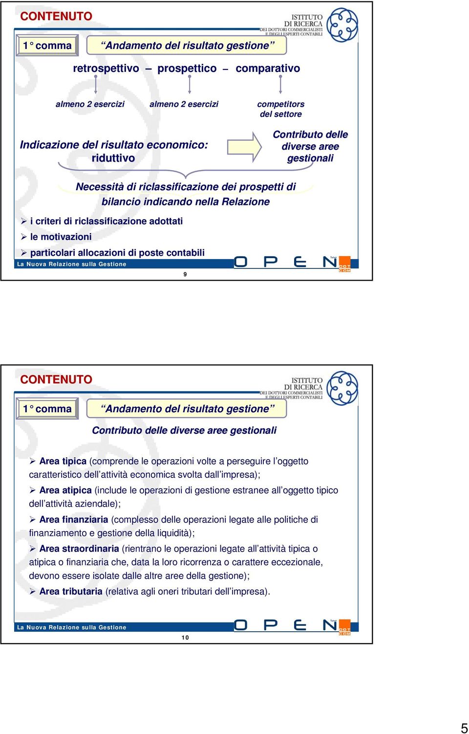 allocazioni di poste contabili 9 CONTENUTO 1 comma Andamento del risultato gestione Contributo delle diverse aree gestionali Area tipica (comprende le operazioni volte a perseguire l oggetto