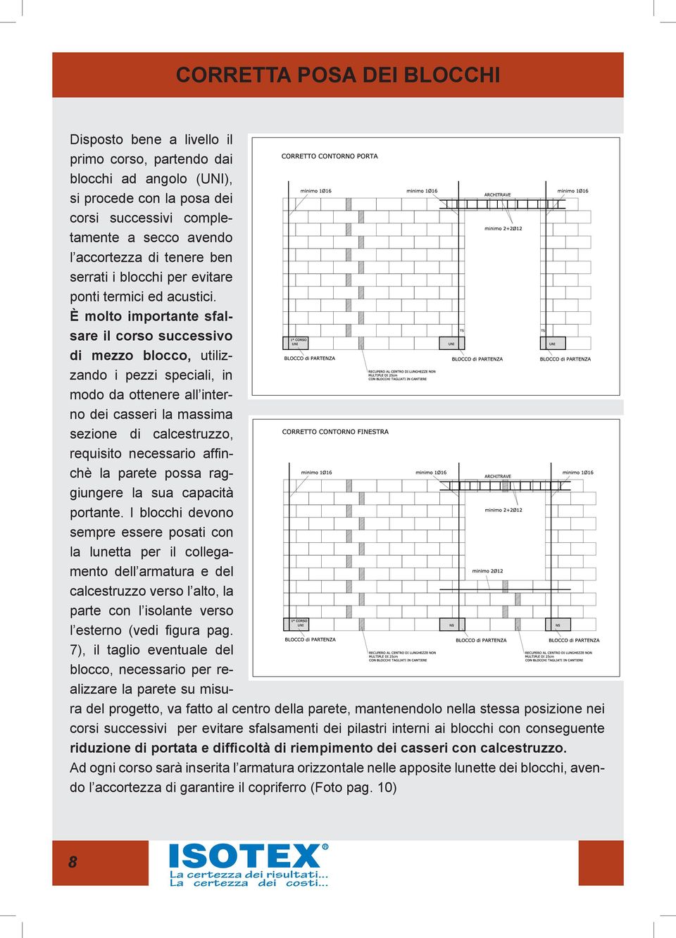 È molto importante sfalsare il corso successivo di mezzo blocco, utilizzando i pezzi speciali, in modo da ottenere all interno dei casseri la massima sezione di calcestruzzo, requisito necessario