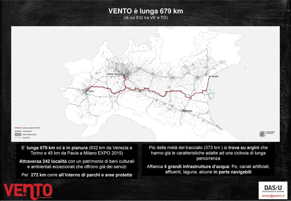 all interno di parchi e aree protette Più della metà del tracciato (373 km ) si trova su argini che hanno già le caratteristiche adatte ad