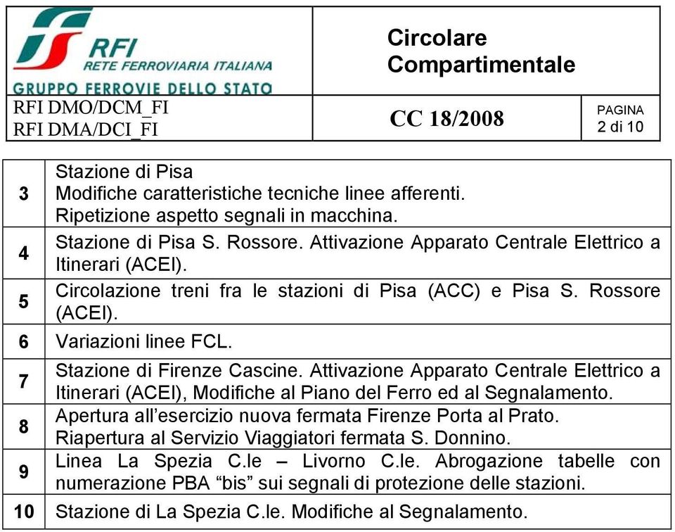 7 8 9 Stazione di Firenze Cascine. Attivazione Apparato Centrale Elettrico a Itinerari (ACEI), Modifiche al Piano del Ferro ed al Segnalamento.