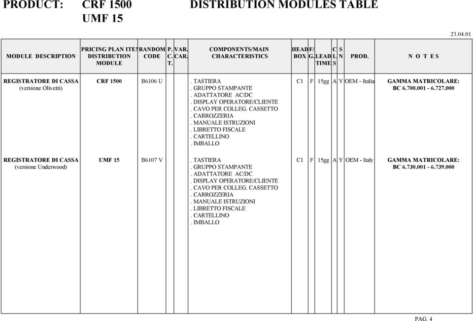 ADATTATORE AC/DC. DISPLAY OPERATORE/CLIENTE. CAVO PER COLLEG. CASSETTO. CARROZZERIA. MANUALE ISTRUZIONI. LIBRETTO FISCALE. CARTELLINO. IMBALLO REGISTRATORE DI CASSA B6107 V.