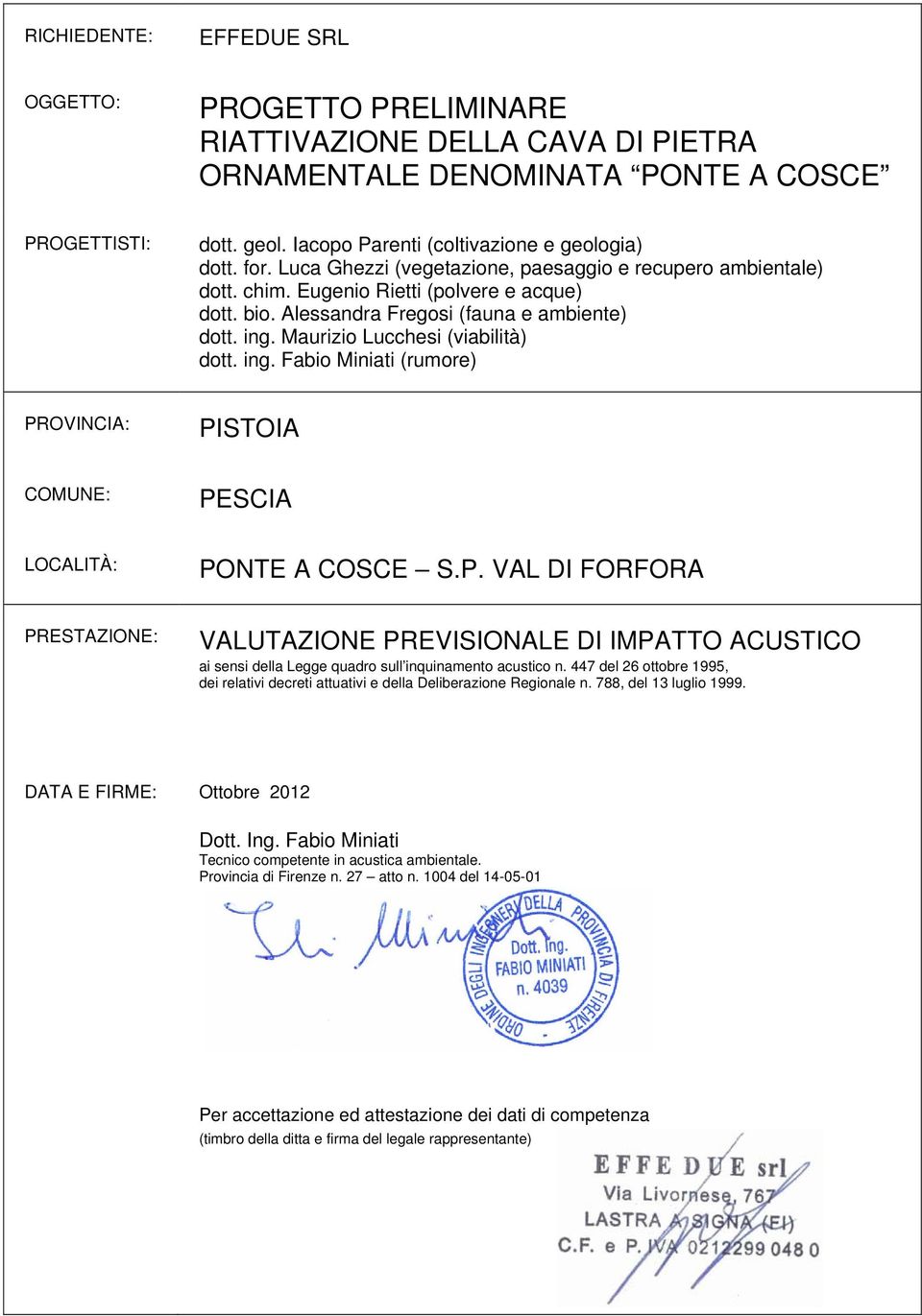 Maurizio Lucchesi (viabilità) dott. ing. Fabio Miniati (rumore) PROVINCIA: PISTOIA COMUNE: PESCIA LOCALITÀ: PONTE A COSCE S.P. VAL DI FORFORA PRESTAZIONE: VALUTAZIONE PREVISIONALE DI IMPATTO ACUSTICO ai sensi della Legge quadro sull inquinamento acustico n.