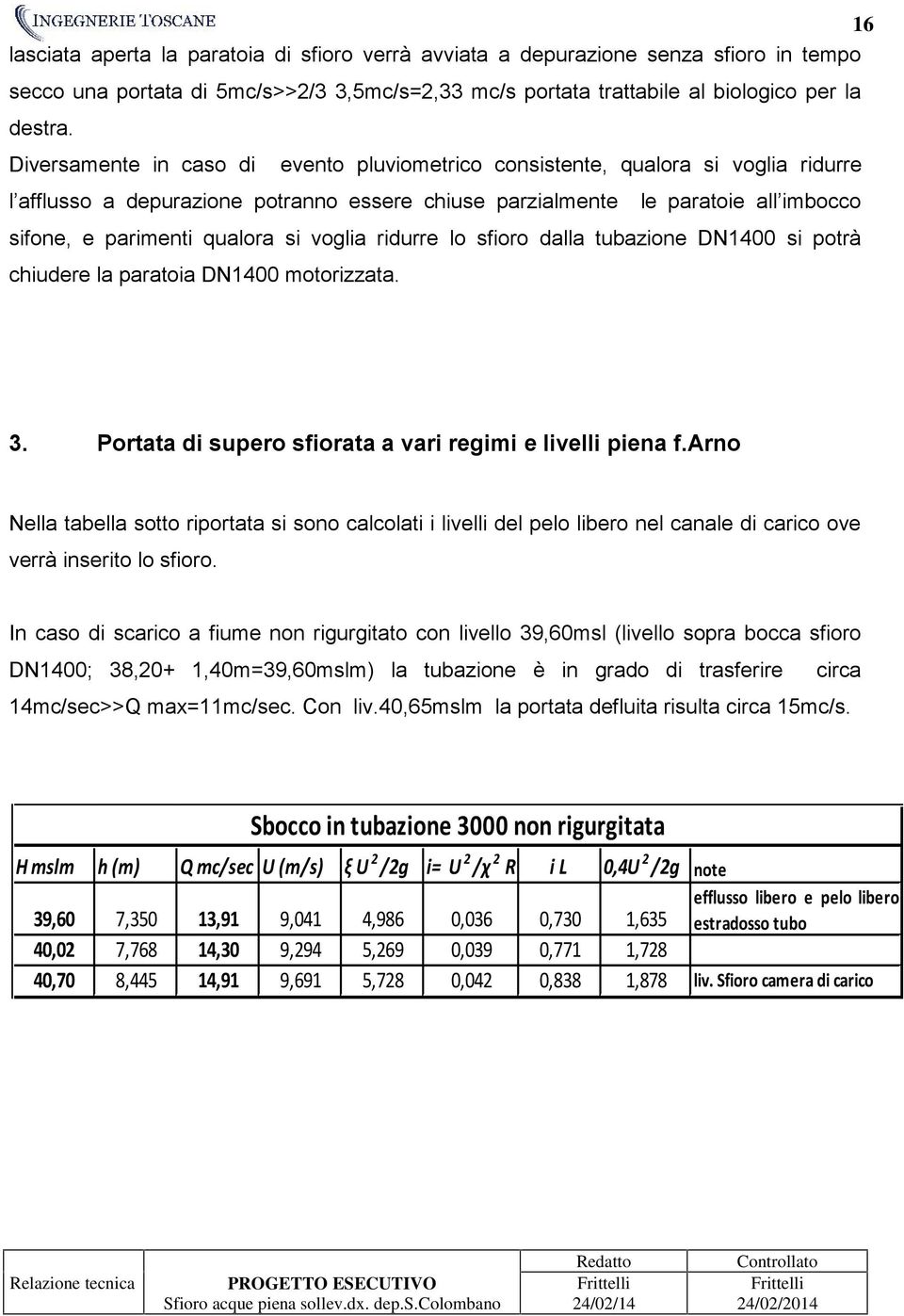 voglia ridurre lo sfioro dalla tubazione DN1400 si potrà chiudere la paratoia DN1400 motorizzata. 3. Portata di supero sfiorata a vari regimi e livelli piena f.