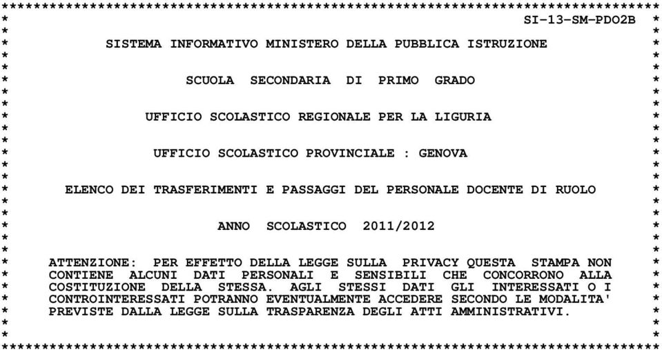 * * * * * * ANNO SCOLASTICO 2011/2012 * * * * * * ATTENZIONE: PER EFFETTO DELLA LEGGE SULLA PRIVACY QUESTA STAMPA NON * * CONTIENE ALCUNI DATI PERSONALI E SENSIBILI CHE CONCORRONO ALLA * *