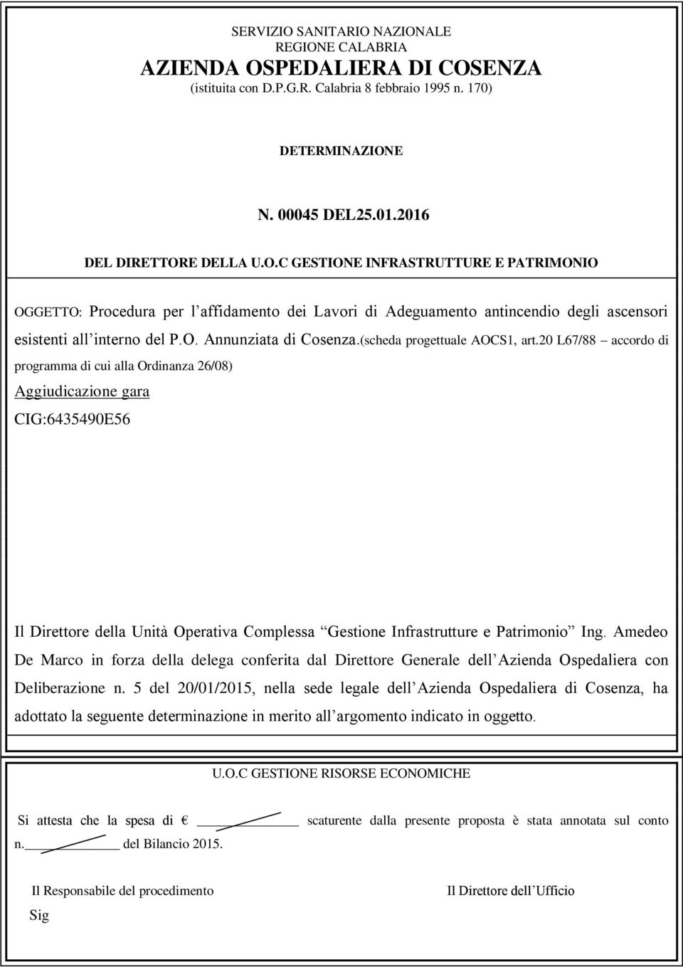 20 L67/88 accordo di programma di cui alla Ordinanza 26/08) Aggiudicazione gara CIG:6435490E56 Il Direttore della Unità Operativa Complessa Gestione Infrastrutture e Patrimonio Ing.