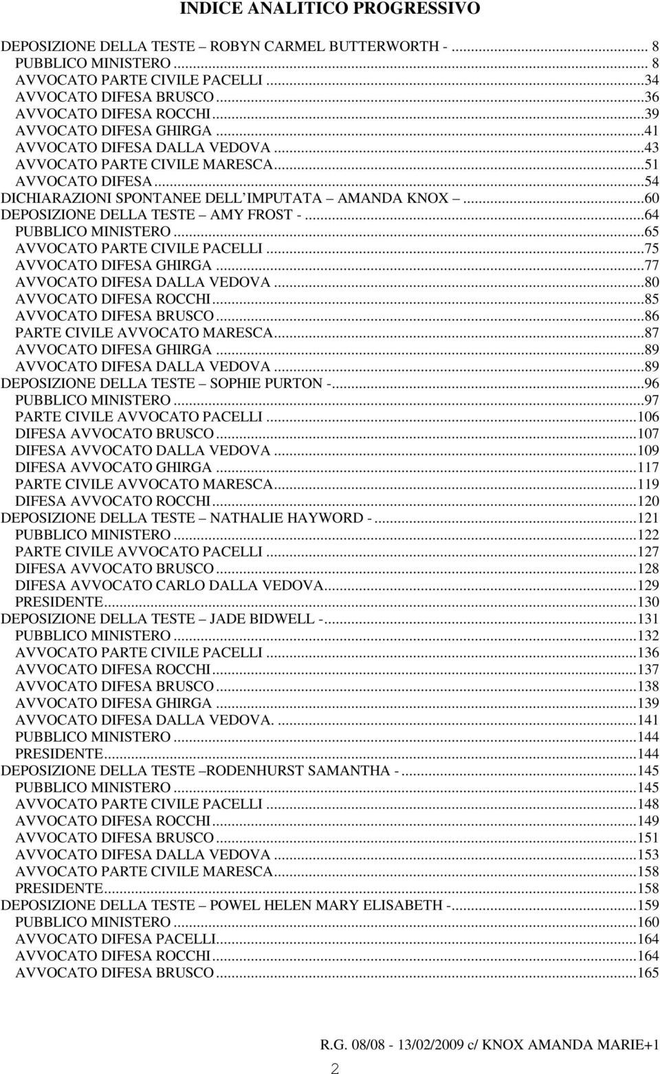 ..60 DEPOSIZIONE DELLA TESTE AMY FROST -...64 PUBBLICO MINISTERO...65 AVVOCATO PARTE CIVILE PACELLI...75 AVVOCATO DIFESA GHIRGA...77 AVVOCATO DIFESA DALLA VEDOVA...80 AVVOCATO DIFESA ROCCHI.