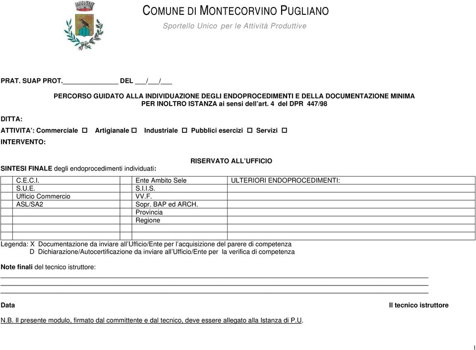 4 del DPR 447/98 DITTA: ATTIVITA : Commerciale Artigianale Industriale Pubblici esercizi Servizi INTERVENTO: SINTESI FINALE degli endoprocedimenti individuati: RISERVATO ALL UFFICIO C.E.C.I. Ente Ambito Sele ULTERIORI ENDOPROCEDIMENTI: S.