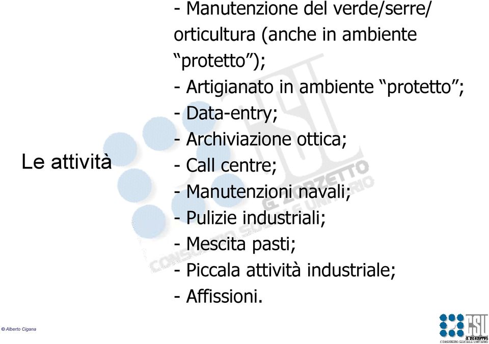 - Archiviazione ottica; - Call centre; - Manutenzioni navali; - Pulizie