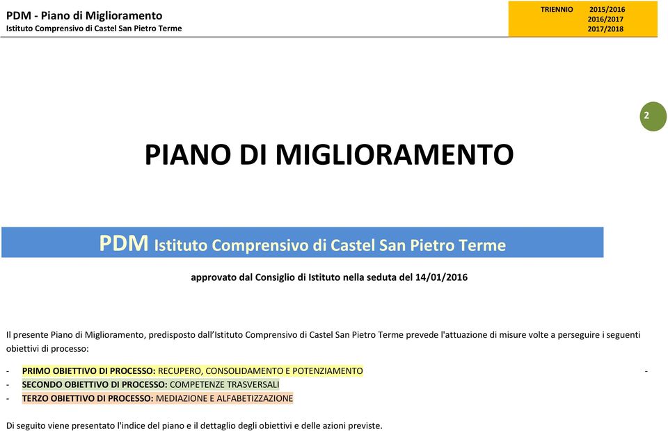 PROCESSO: RECUPERO, CONSOLIDAMENTO E POTENZIAMENTO - SECONDO OBIETTIVO DI PROCESSO: COMPETENZE TRASVERSALI - TERZO OBIETTIVO DI