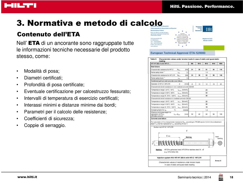 Eventuale certificazione per calcestruzzo fessurato; Intervalli di temperatura di esercizio certificati; Interassi