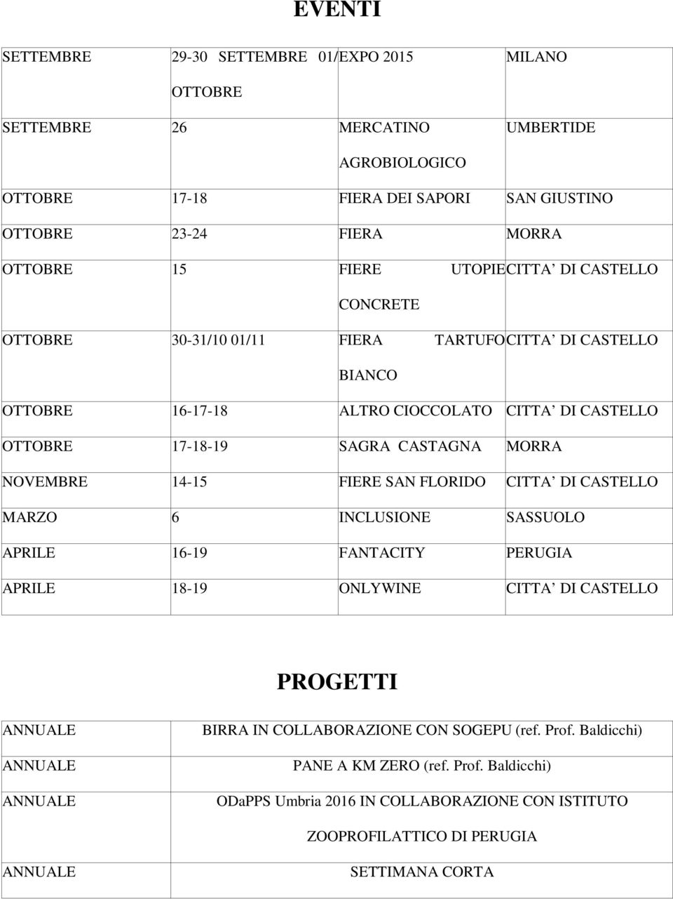 SAGRA CASTAGNA MORRA NOVEMBRE 14-15 FIERE SAN FLORIDO CITTA DI CASTELLO MARZO 6 INCLUSIONE SASSUOLO APRILE 16-19 FANTACITY PERUGIA APRILE 18-19 ONLYWINE CITTA DI CASTELLO PROGETTI