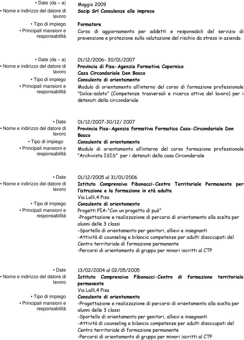 formazione professionale Dolce-salato (Competenze trasversali e ricerca attiva del ) per i detenuti della circondariale Date 01/12/2007-30/12/ 2007 Provincia Pisa-Agenzia formativa Formatica