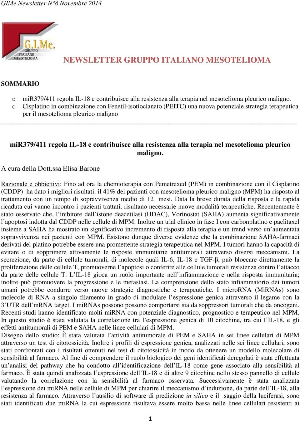 alla terapia nel mesotelioma pleurico maligno. A cura della Dott.