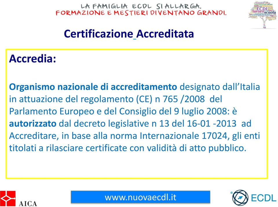 luglio 2008: è autorizzato dal decreto legislative n 13 del 16-01 -2013 ad Accreditare, in base