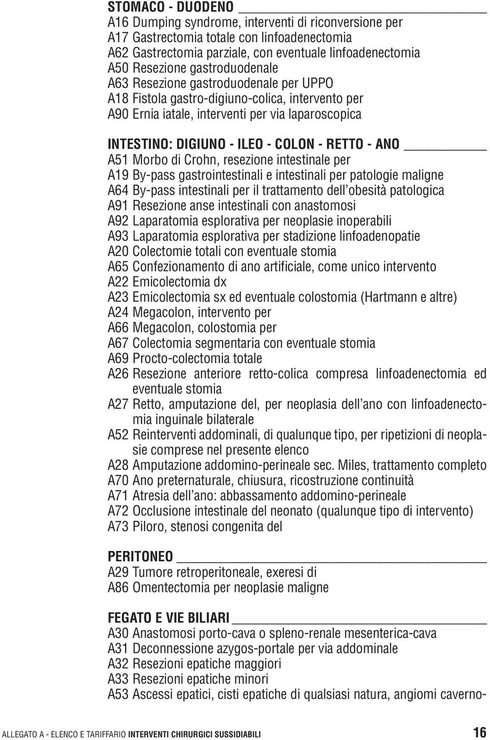 ano A51 Morbo di Crohn, resezione intestinale per A19 By-pass gastrointestinali e intestinali per patologie maligne A64 By-pass intestinali per il trattamento dell obesità patologica A91 Resezione