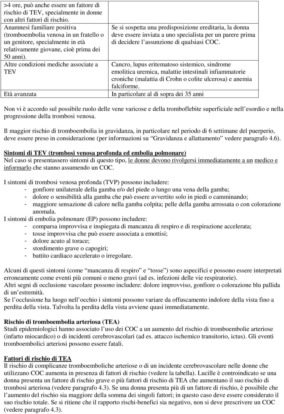 Altre condizioni mediche associate a TEV Età avanzata Se si sospetta una predisposizione ereditaria, la donna deve essere inviata a uno specialista per un parere prima di decidere l assunzione di