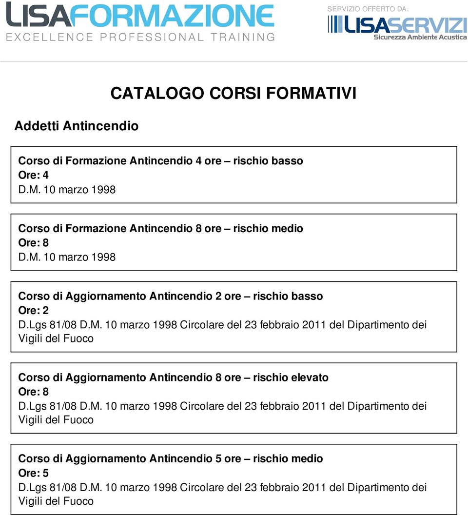 Lgs 81/08 D.M. 10 marzo 1998 Circolare del 23 febbraio 2011 del Dipartimento dei Vigili del Fuoco Corso di Aggiornamento Antincendio 5 ore rischio medio Ore: 5 D.