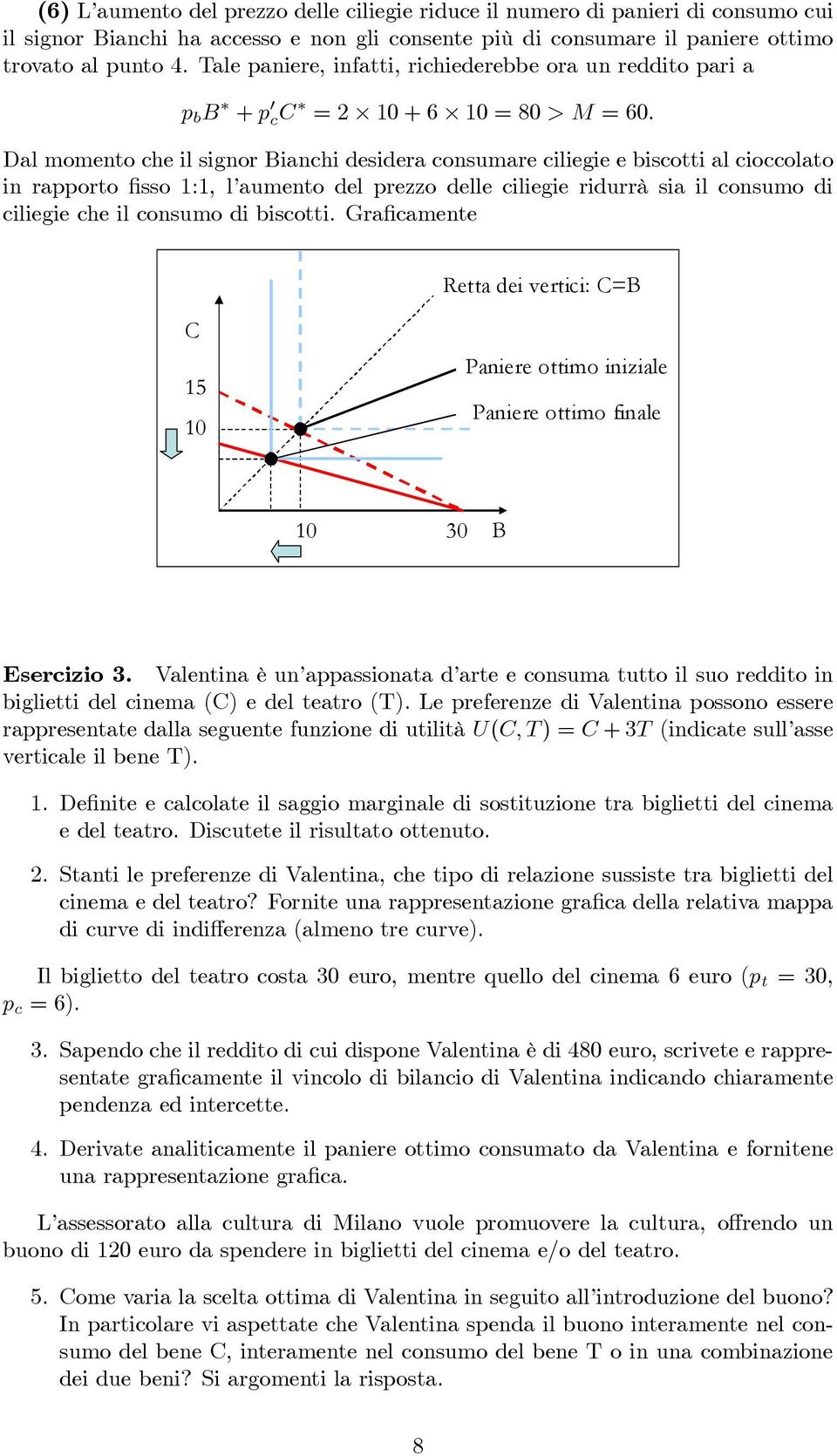 Dal momento che il signor Bianchi desidera consumare ciliegie e biscotti al cioccolato in rapporto fisso 1:1, l aumento del prezzo delle ciliegie ridurrà sia il consumo di ciliegie che il consumo di