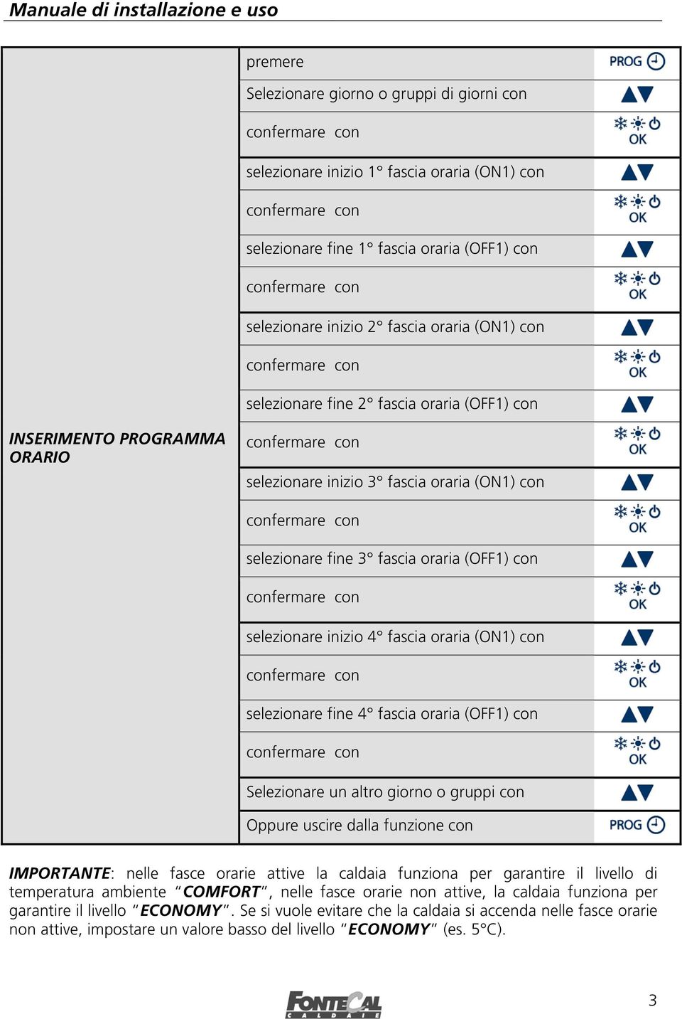 fine 4 fascia oraria (OFF1) con Selezionare un altro giorno o gruppi con Oppure uscire dalla funzione con IMPORTANTE: nelle fasce orarie attive la caldaia funziona per garantire il livello di